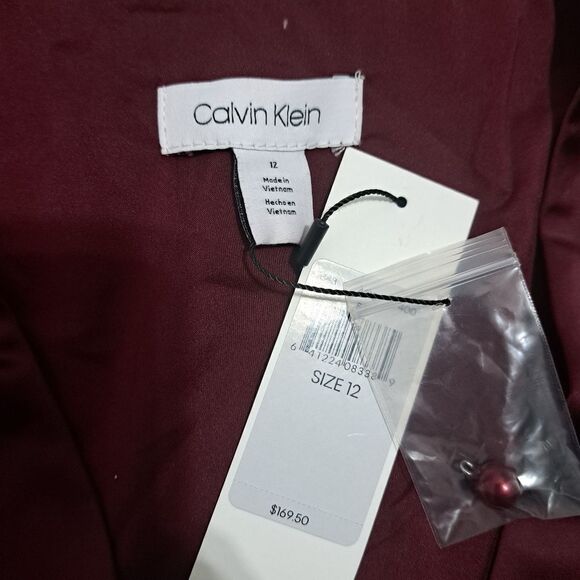 Calvin Klien Satin Puff Sleeve High Low Ruffled Hem Holiday Burgundy S 12 NWT - Picture 6 of 17